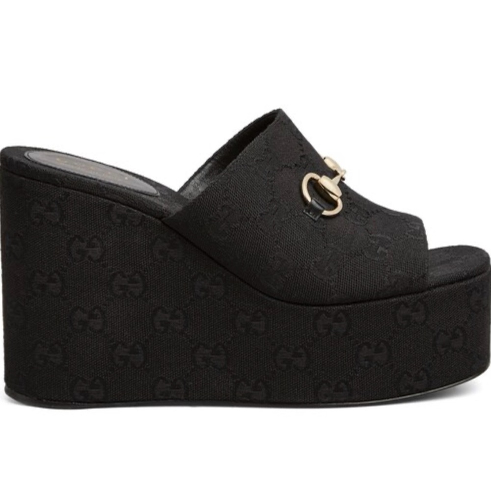 Gucci Black Wedge Sandals with Horsebit  Size 39.5